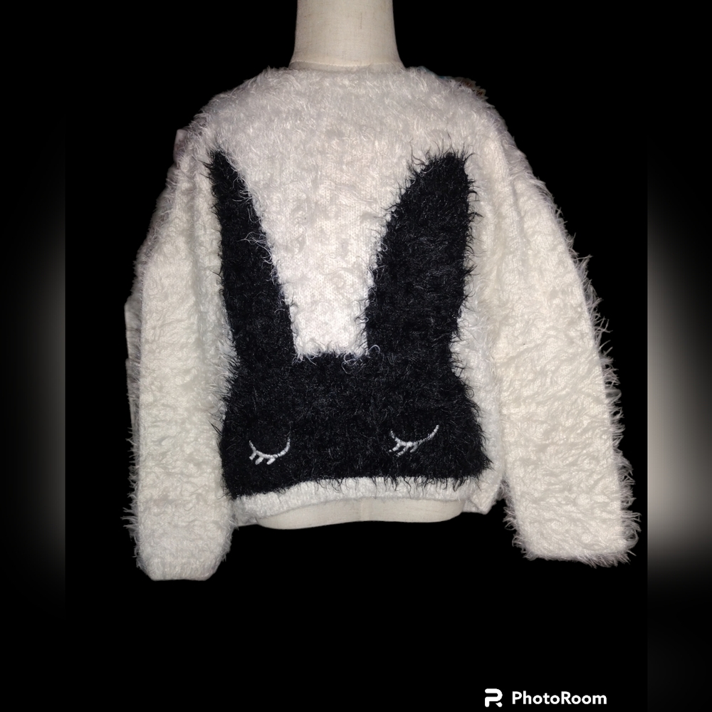 H&M Black & White Eyelash Bunny Sweater Sz 4-6